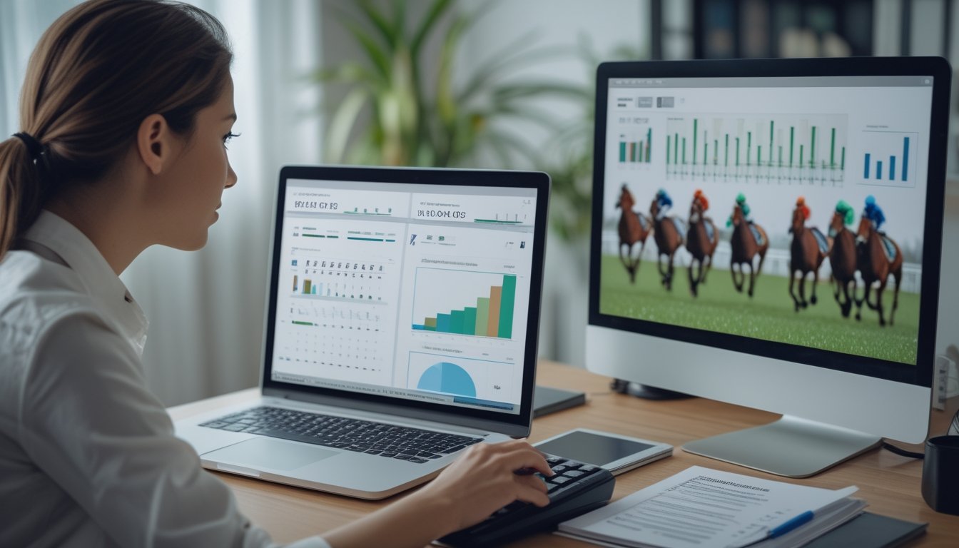 Seseorang mempelajari data balap kuda di laptop sambil menggunakan kalkulator dan mencatat di meja kerja.