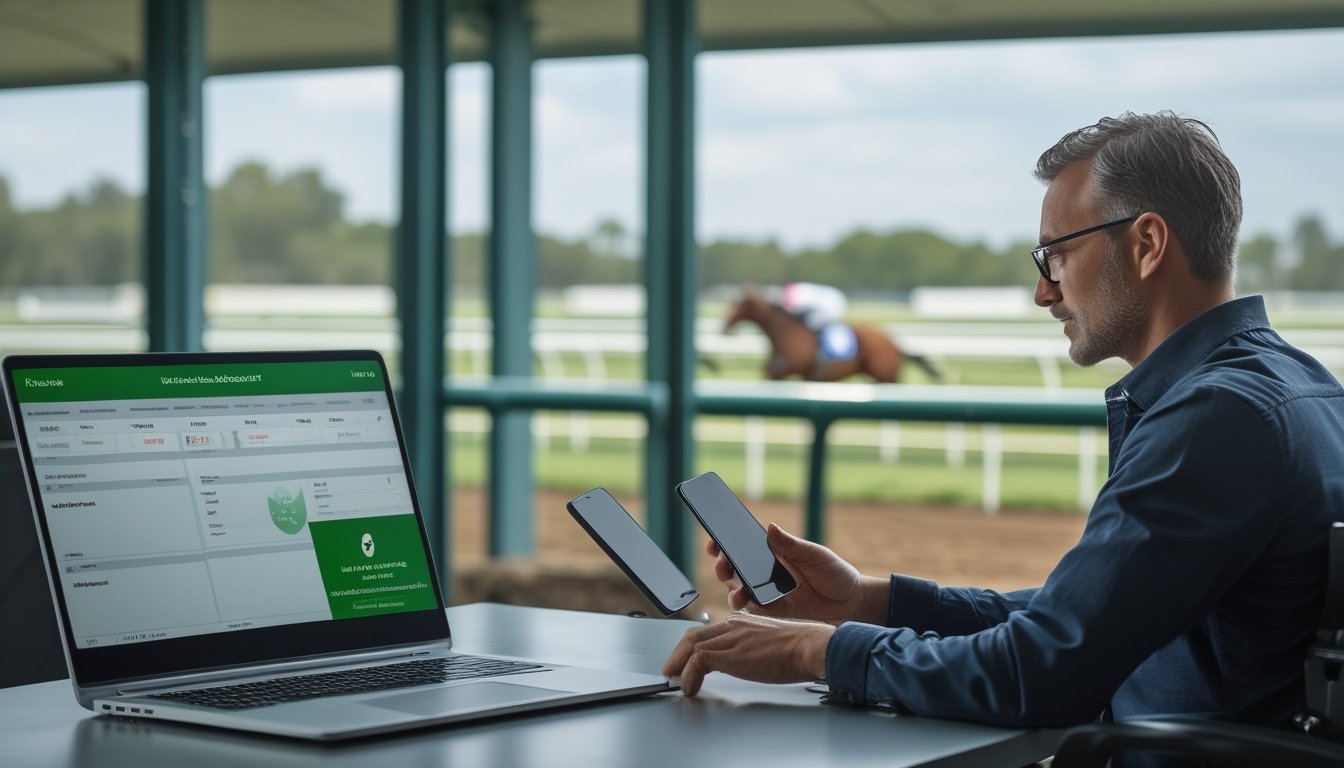 Seorang peserta memeriksa informasi balap kuda melalui laptop dan ponsel dengan arena balap terlihat di latar belakang.