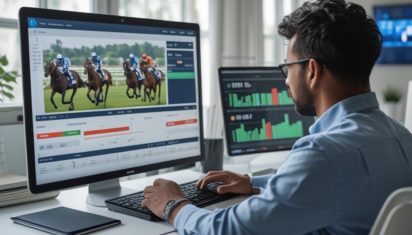 Seseorang menganalisis fitur cashout taruhan balap kuda melalui laptop dengan grafik dan indikator nilai pembayaran.
