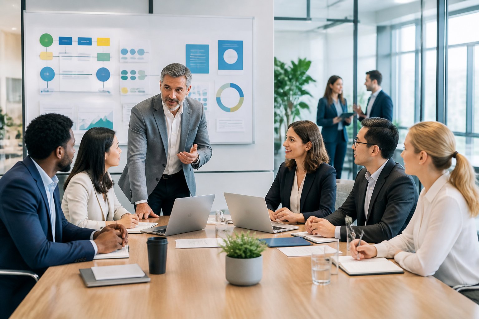 A diverse team of professionals collaborates on a strategic planning session in a modern office while colleagues discuss in the background.