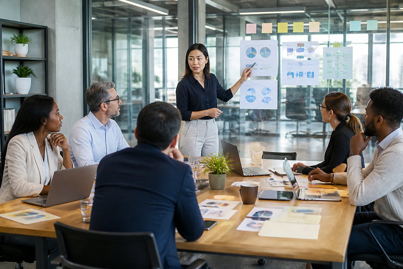 A diverse team of professionals collaborates around a table in a modern office during a strategic planning meeting.