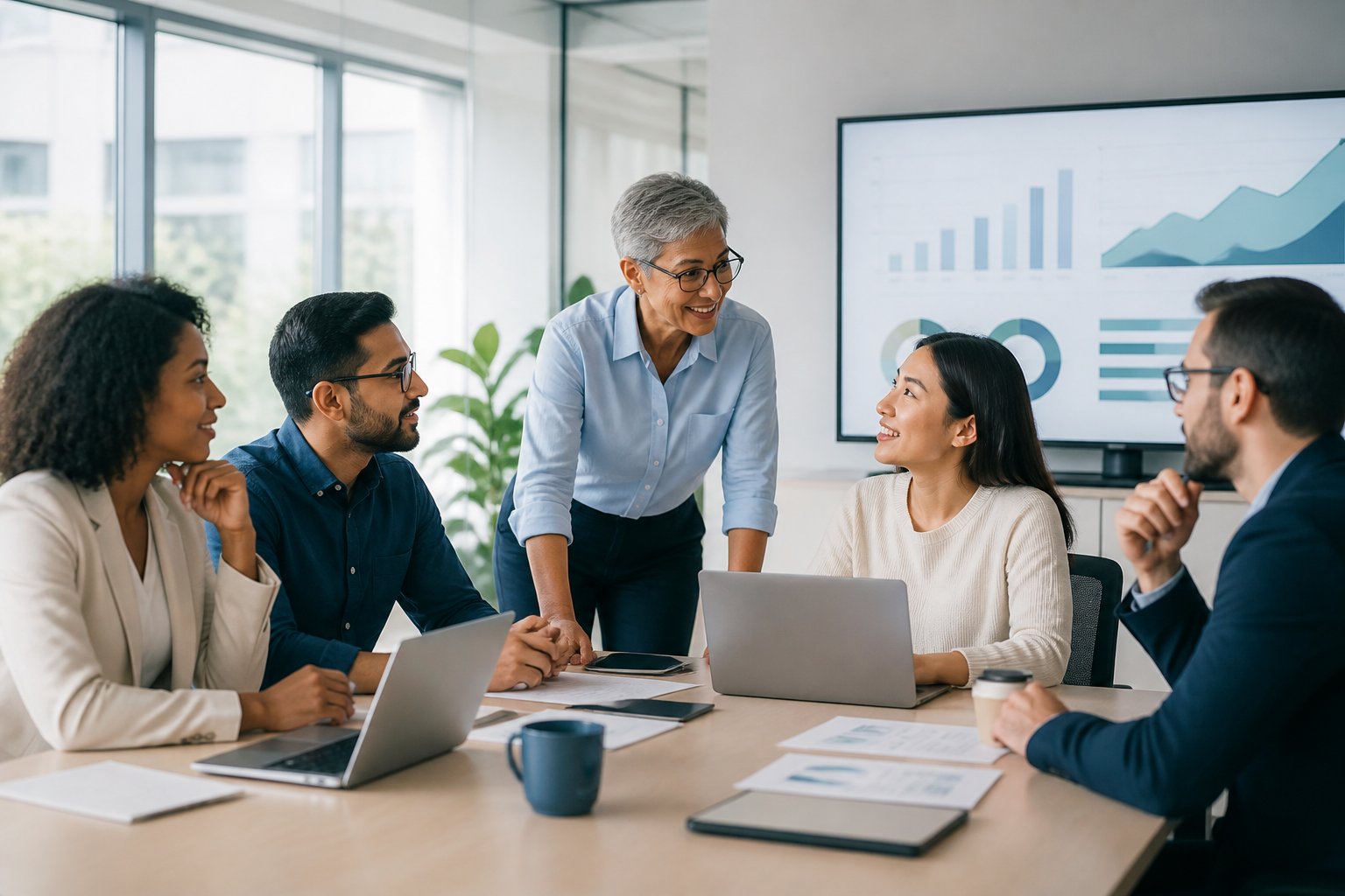 Experienced employees collaborate and mentor one another in a modern workplace.