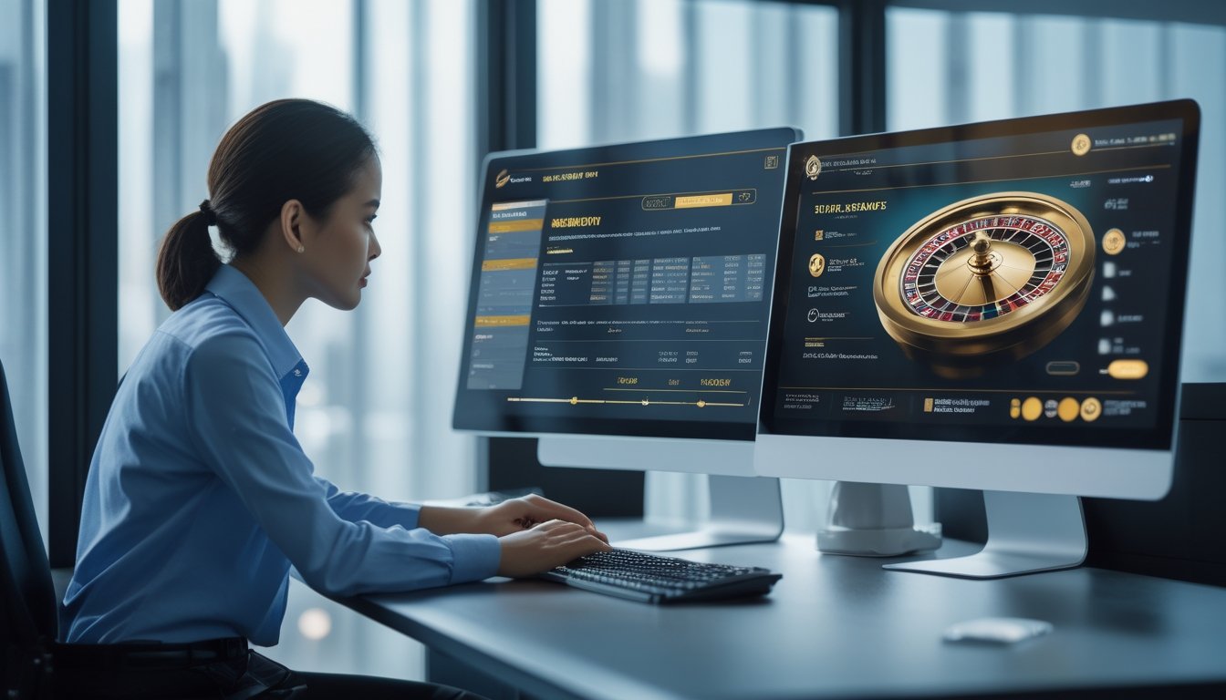 Analis keamanan memeriksa platform kasino daring dengan dokumen verifikasi dan simbol perlindungan digital.