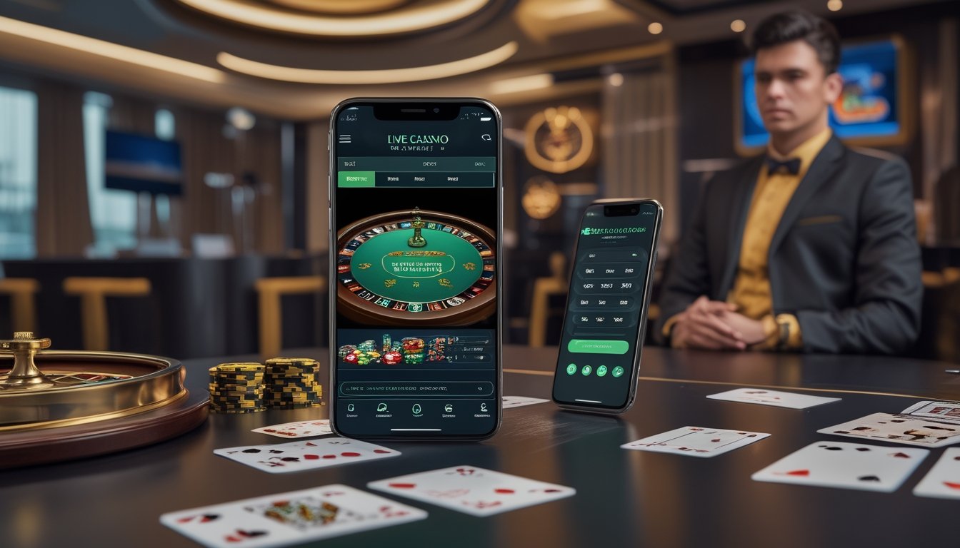 Dua ponsel pintar menampilkan suasana kasino langsung dengan meja permainan dan roda roulette.