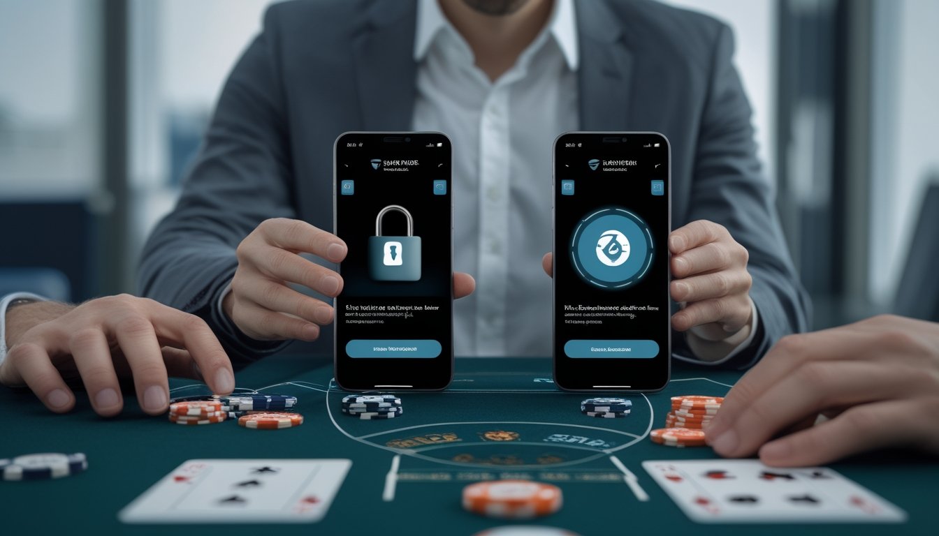 Orang dewasa memeriksa platform kasino live yang aman melalui ponsel dengan simbol perisai dan gembok.