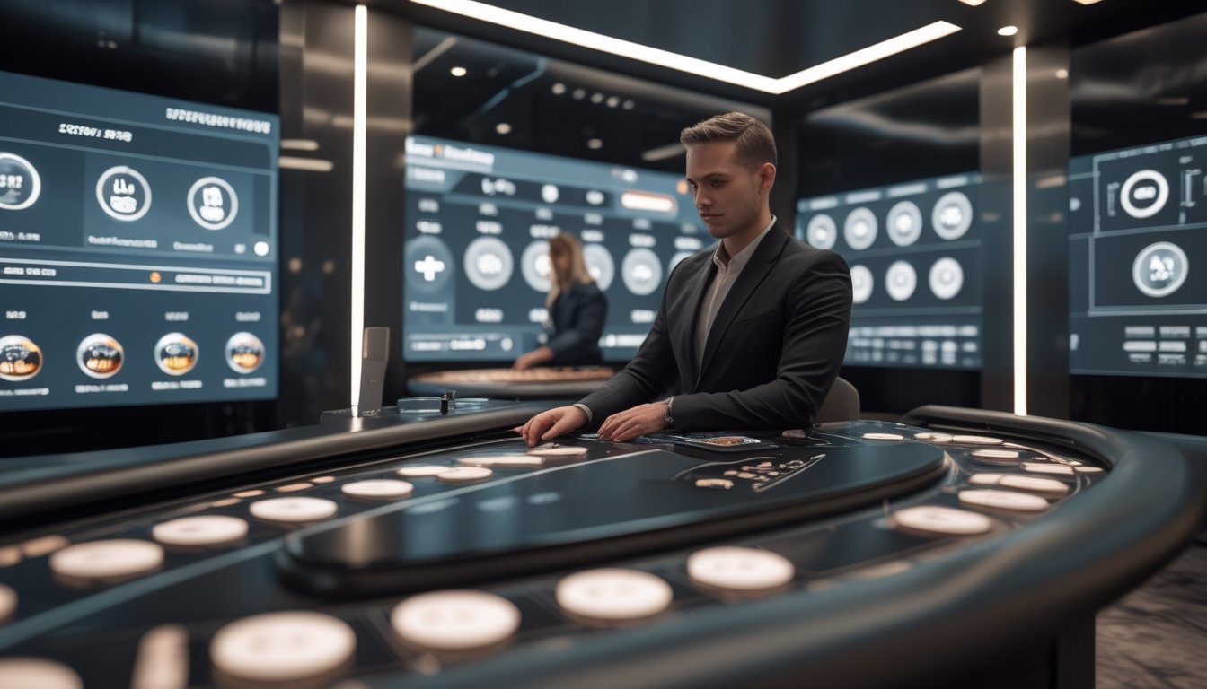 Dealer profesional memandu permainan kasino langsung di studio modern dengan teknologi siaran digital.