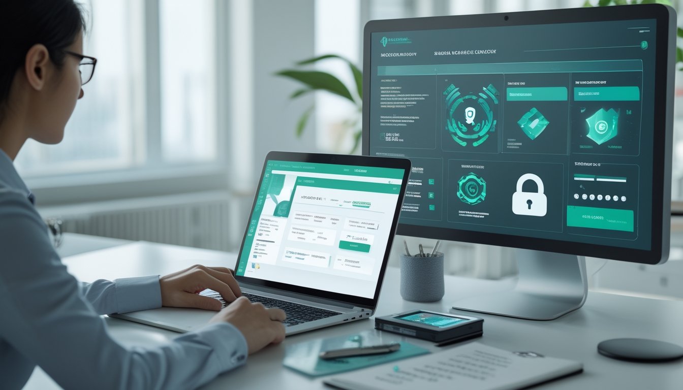 Analis keamanan meninjau laptop dan dokumen kepatuhan di kantor modern.