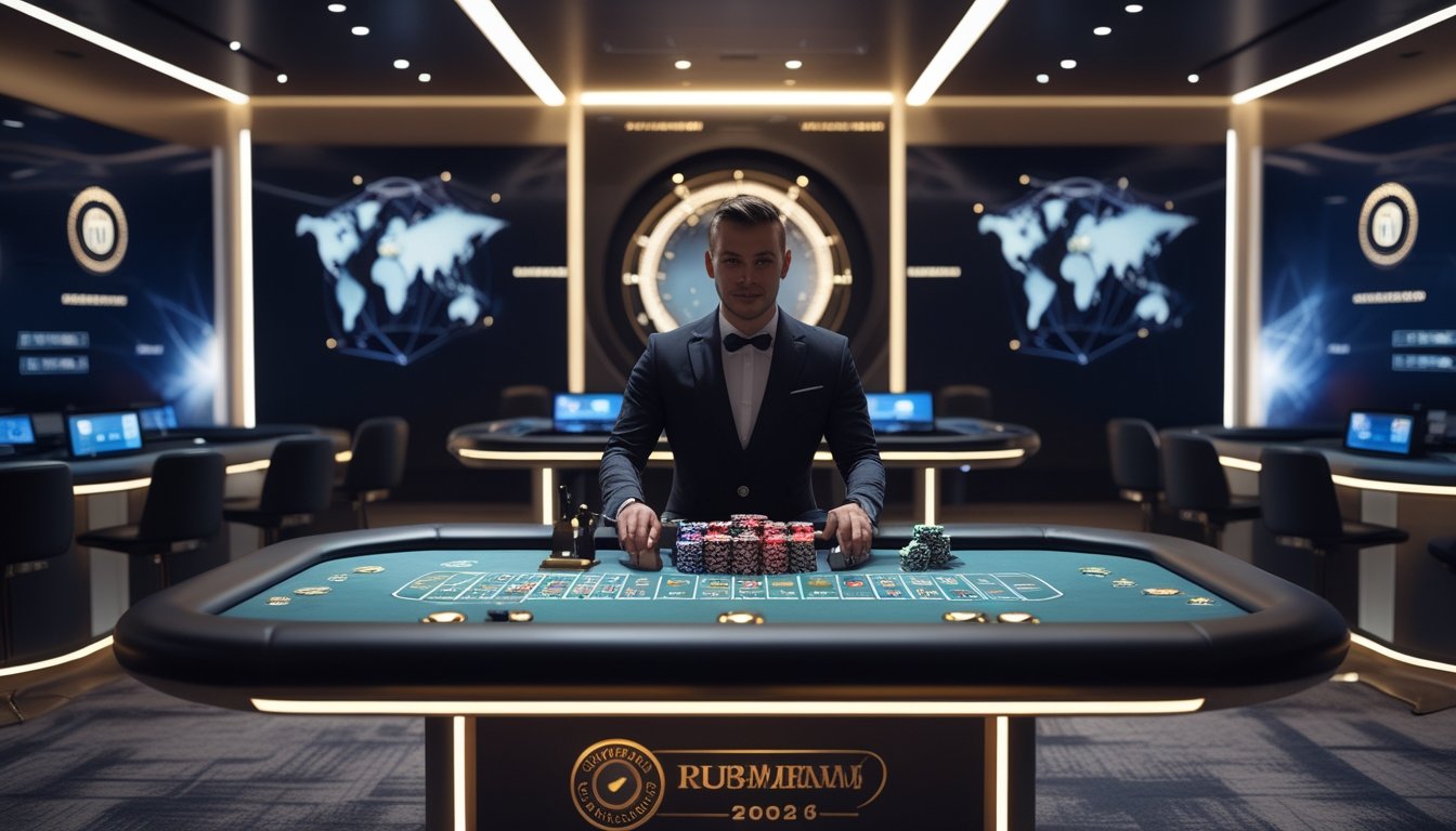 Dealer profesional memandu permainan kasino langsung di studio modern dengan simbol keamanan dan jaringan global.