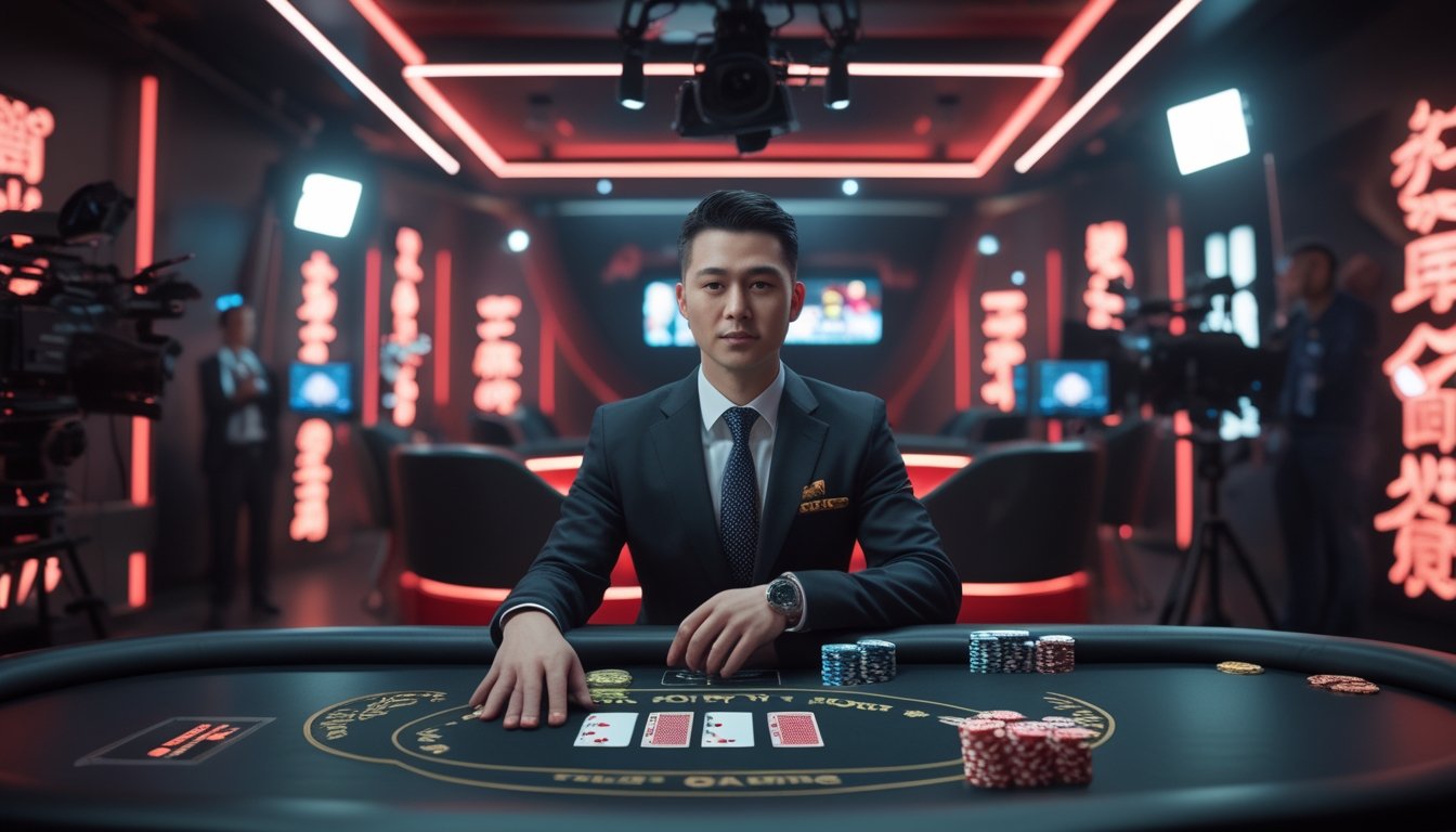 Dealer kasino memandu permainan kartu Dragon Tiger di meja dengan kartu dan keping taruhan.