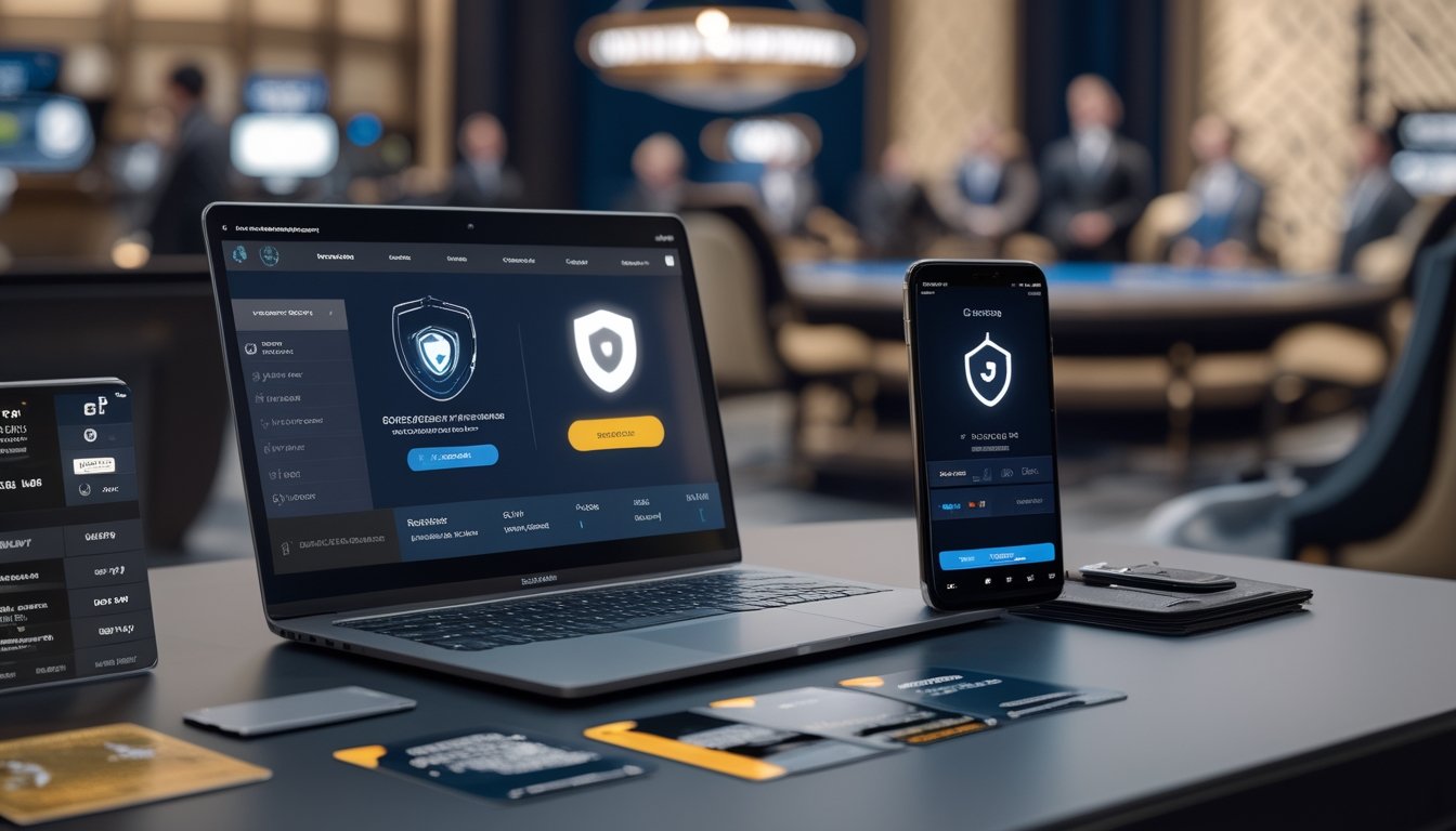 Laptop dan ponsel menampilkan simbol keamanan dan metode pembayaran di depan ruang kasino live yang modern.