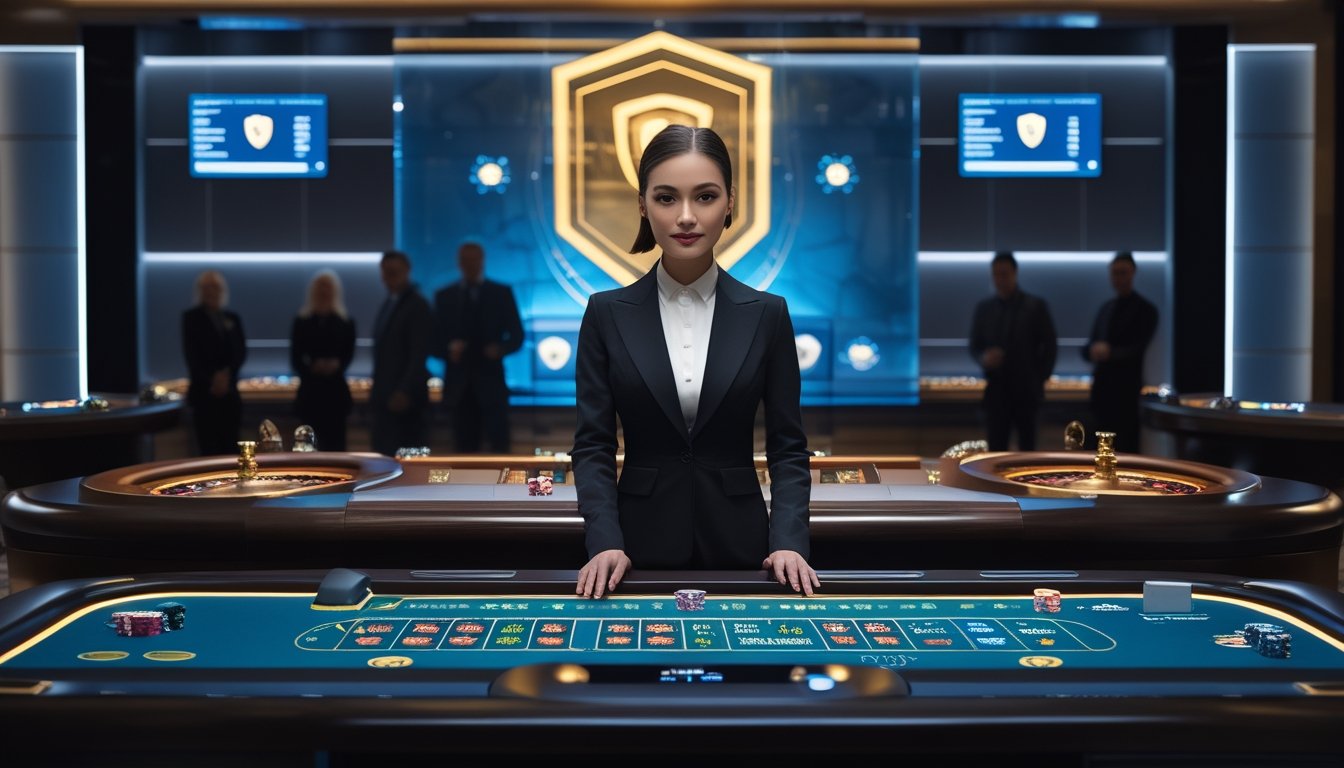 Dealer kasino berdiri di belakang meja roulette dan blackjack dalam studio modern dengan pencahayaan biru dan emas.