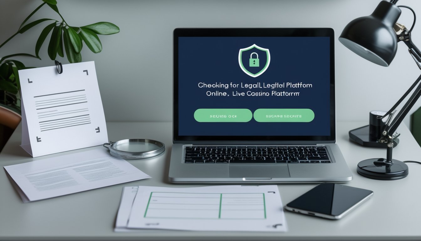 Laptop dan dokumen verifikasi dengan simbol keamanan di atas meja kantor.