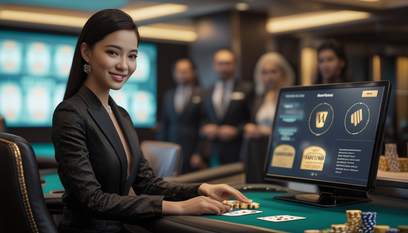 Dealer wanita memandu permainan kasino langsung di meja hijau dengan pemain dewasa dan suasana mewah.