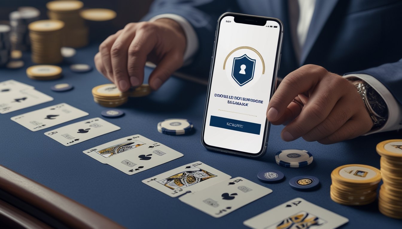 Seseorang memeriksa platform blackjack daring yang aman di dekat meja blackjack dengan kartu, chip, dan simbol keamanan.