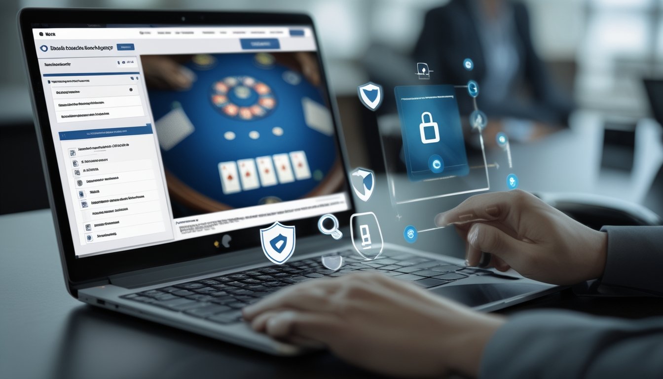 Seseorang memeriksa keamanan layanan blackjack online menggunakan laptop, ponsel, ikon perisai, dan gembok.