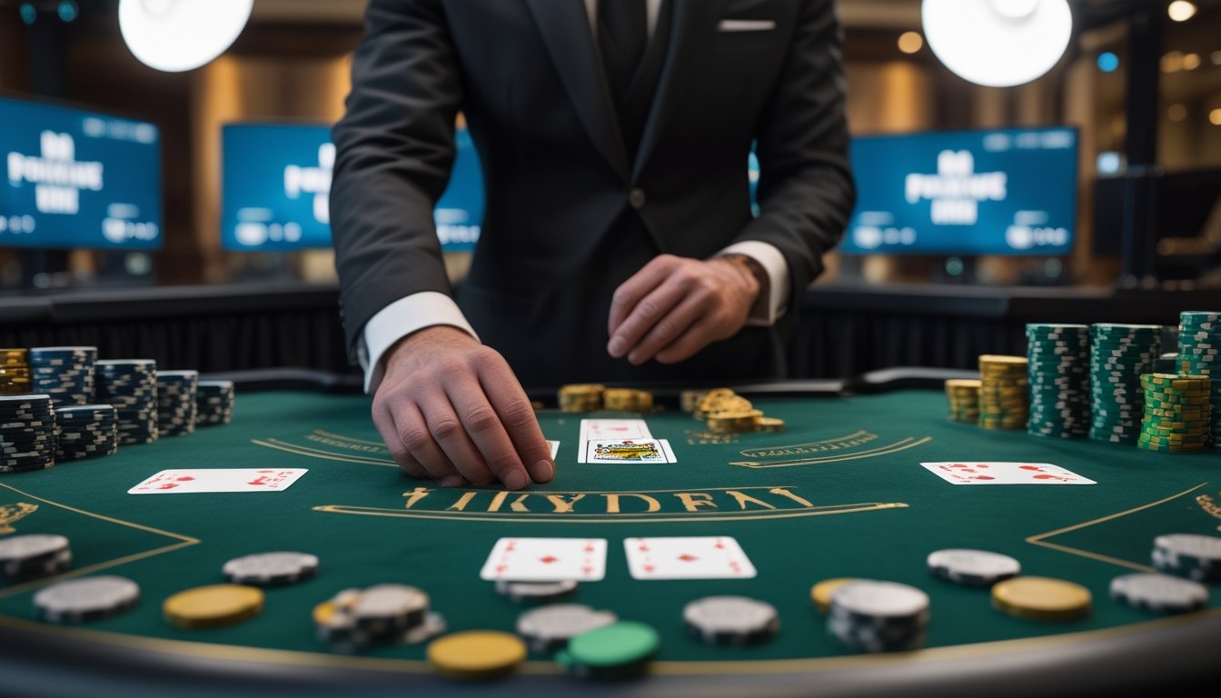 Dealer membagikan kartu di meja blackjack dengan chip dan suasana studio siaran langsung.