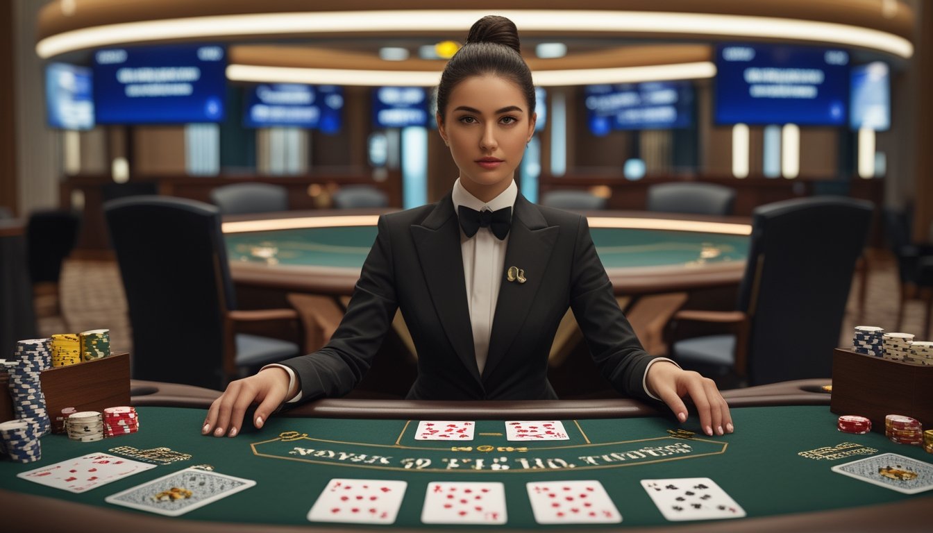 Dealer wanita menyajikan kartu blackjack di meja kasino dengan chip dan perlengkapan permainan.