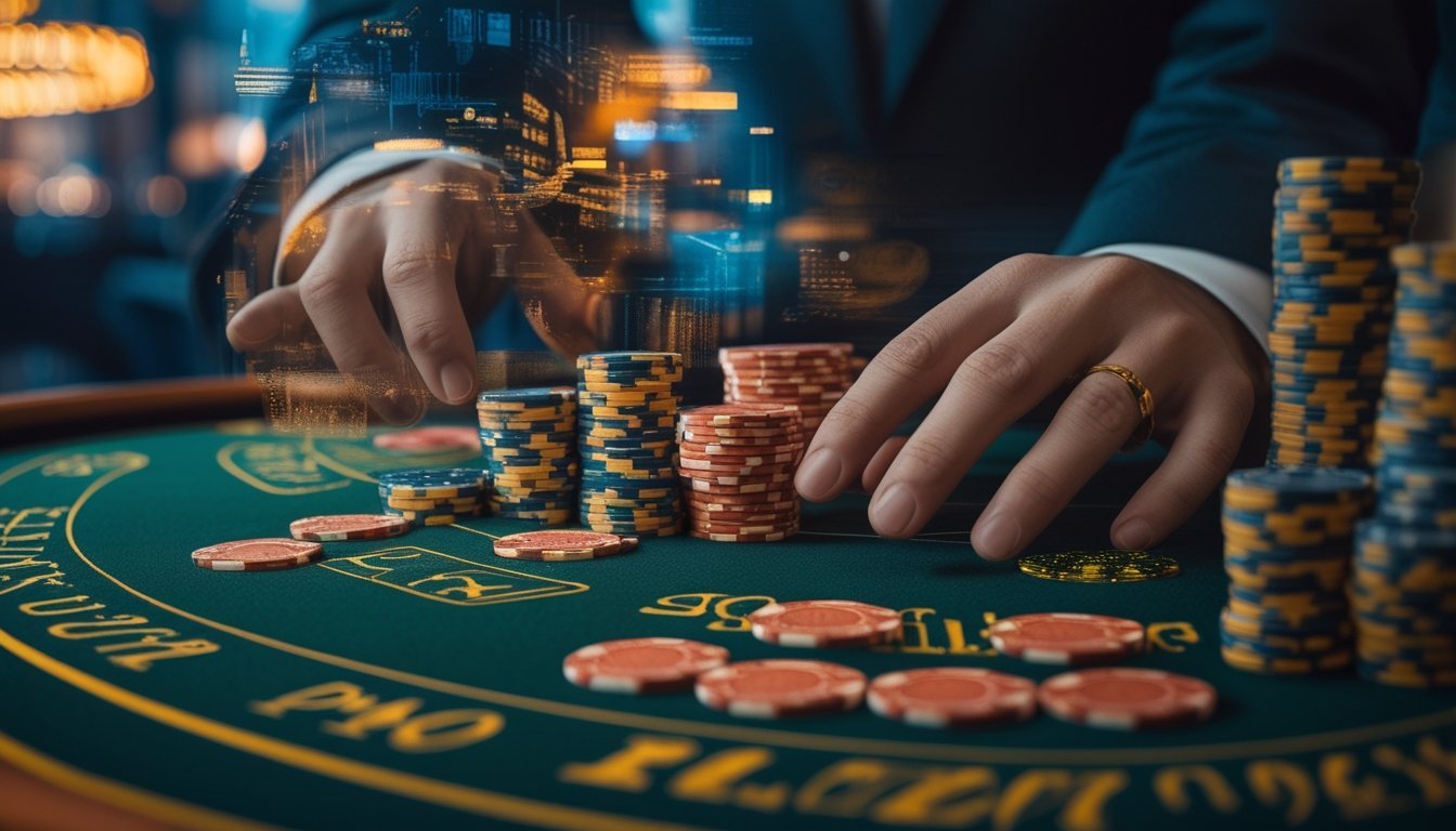 Meja blackjack dengan kartu dan keping kasino yang dipadukan dengan cahaya emas dan latar kasino berlapis.
