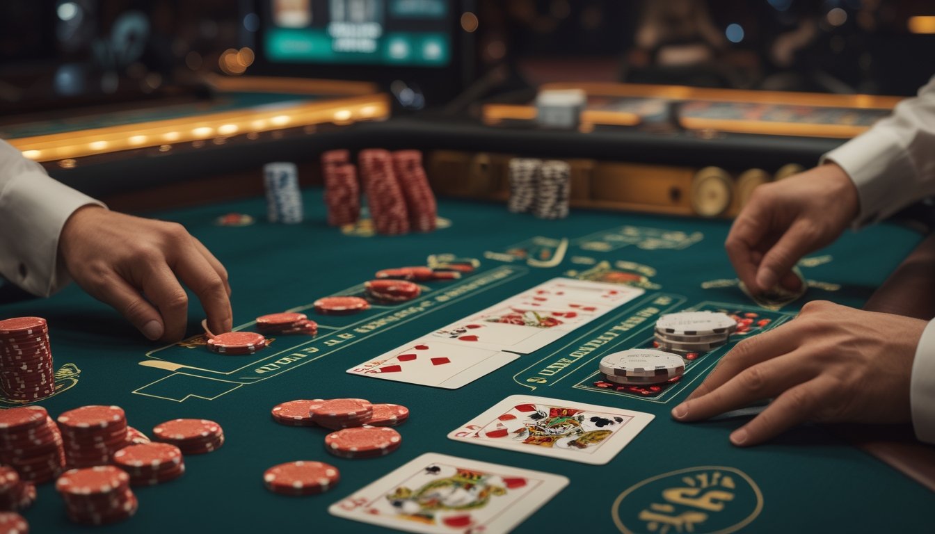 Meja blackjack dengan kedua kartu dealer terbuka, kartu pemain, dan tumpukan chip di suasana kasino elegan.