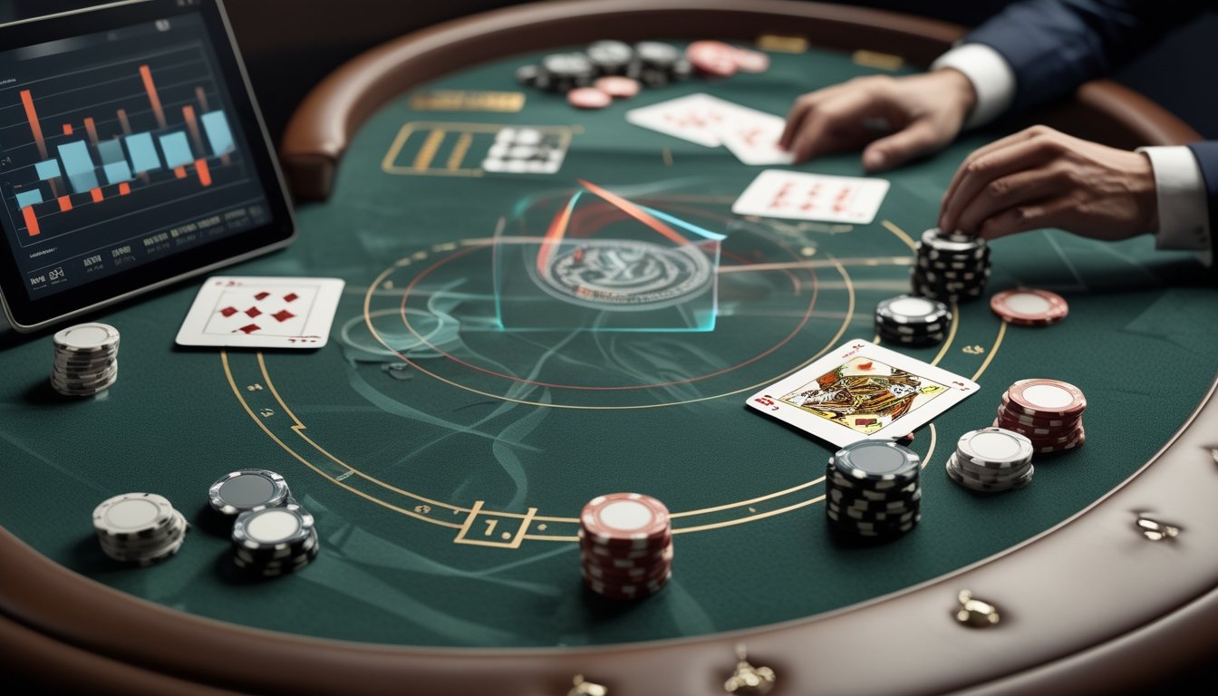 Meja blackjack dengan kartu terbuka, tumpukan chip kasino, dan perangkat yang menampilkan grafik analisis.
