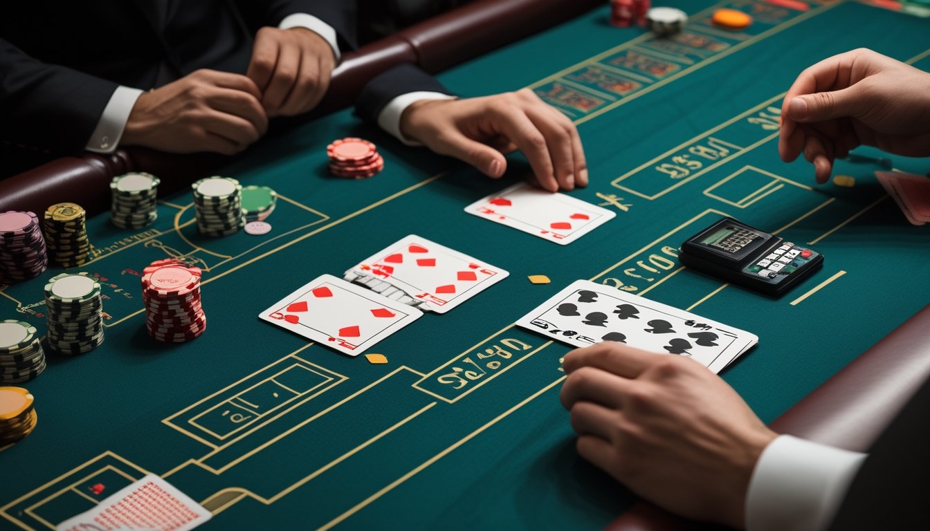 Meja blackjack dengan kedua kartu dealer terbuka, kartu pemain, dan tumpukan chip di suasana kasino.
