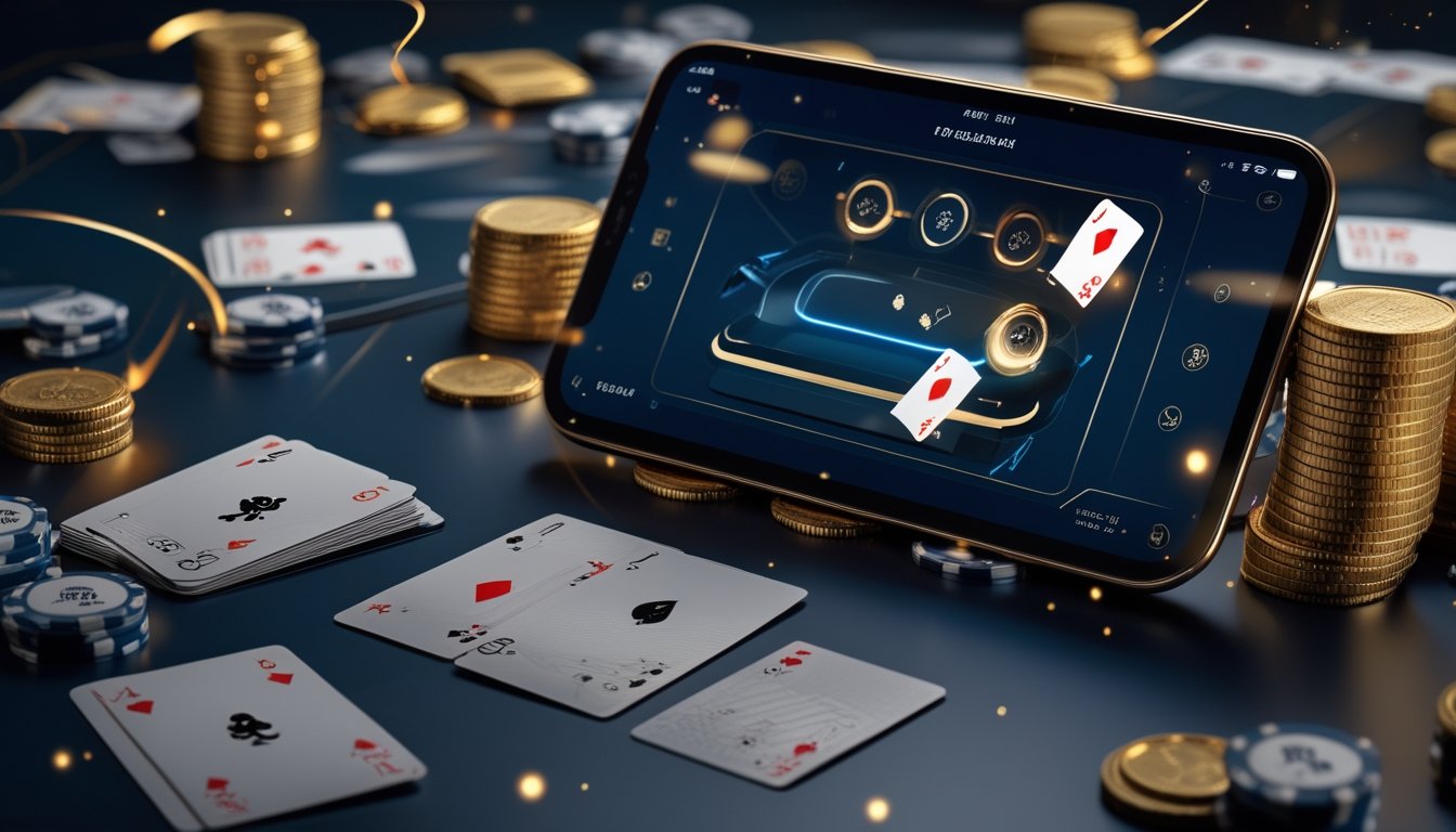 Meja blackjack digital dengan kartu, keping kasino, dan perangkat modern dalam suasana elegan.