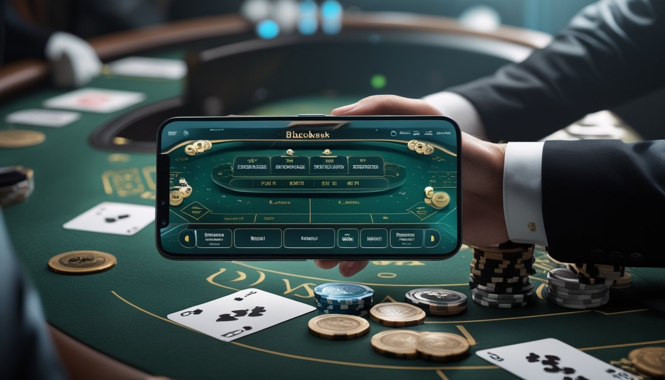 Meja blackjack dengan kartu, keping kasino, dan perangkat digital yang ditampilkan melalui efek paparan ganda.