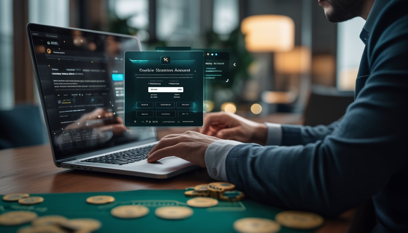 Seseorang menggunakan laptop dengan latar permainan blackjack yang menyatu secara artistik.