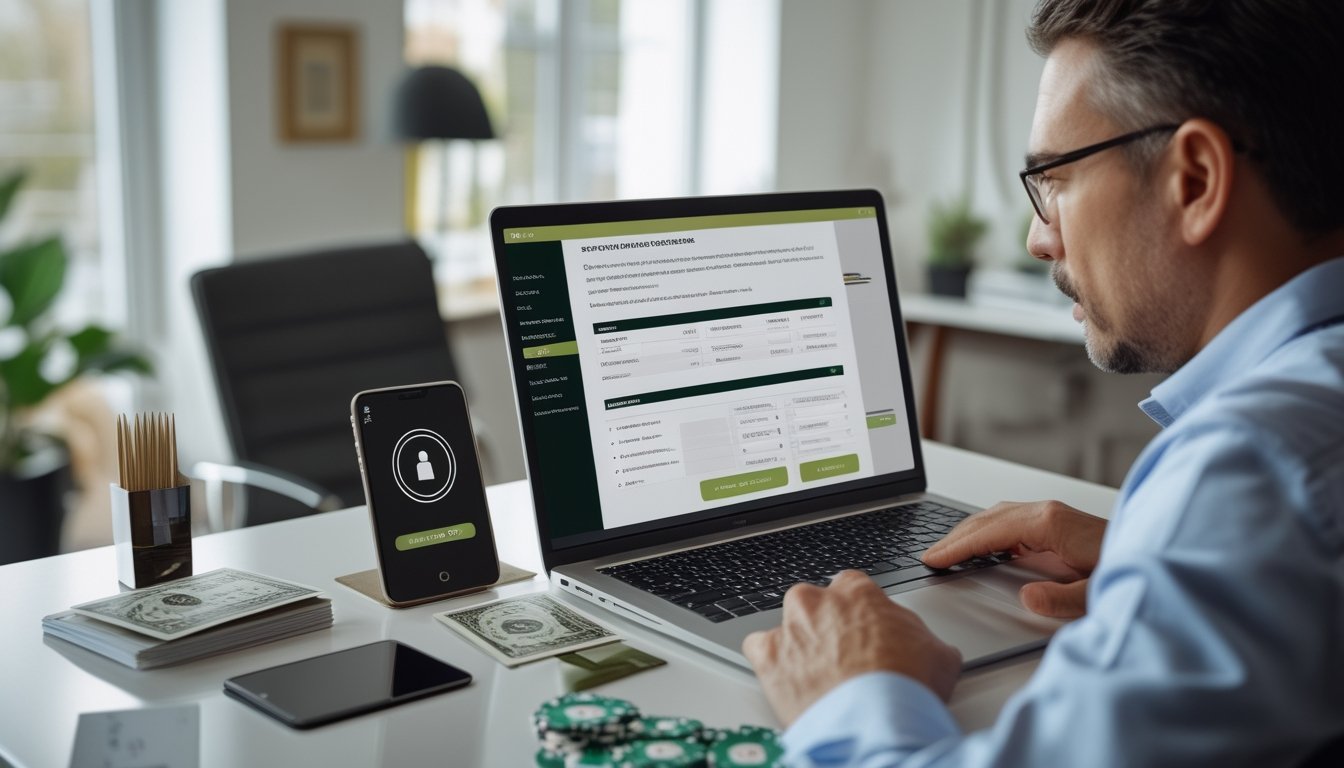 Orang dewasa memeriksa proses verifikasi akun blackjack online di laptop dengan dokumen identitas dan simbol keamanan di meja.