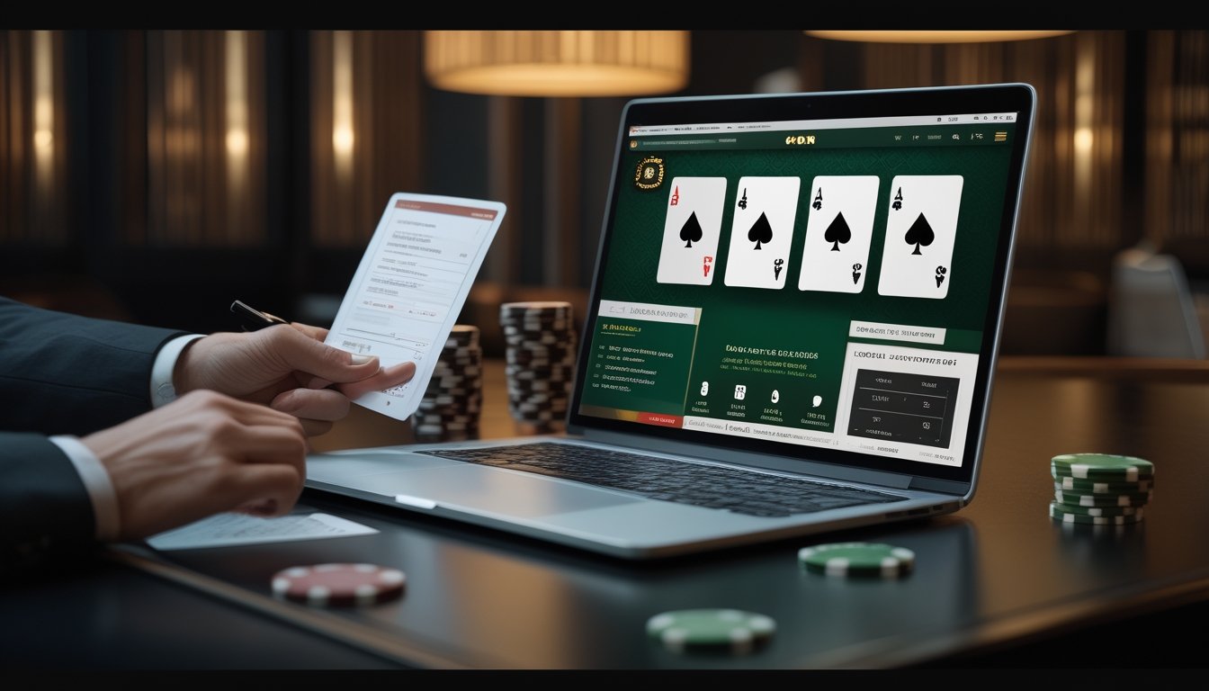 Laptop dan meja blackjack dengan kartu, chip kasino, serta tangan yang sedang mencatat.
