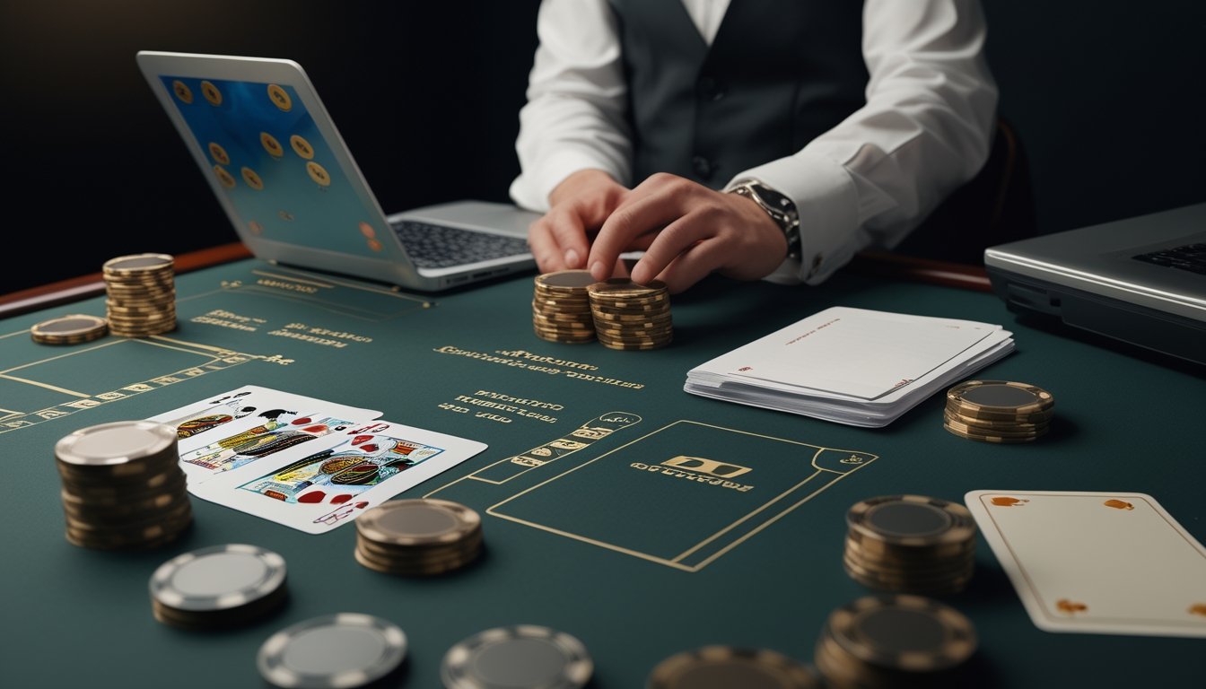 Meja blackjack dengan kartu terbuka, keping kasino, tangan dealer, dan laptop berlatar belakang.