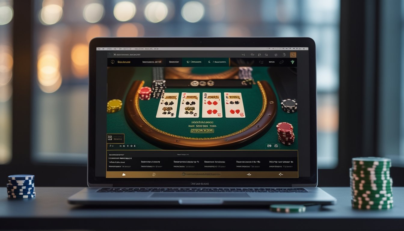 Laptop menampilkan permainan blackjack online dengan kartu dan tumpukan chip kecil di atas meja modern.