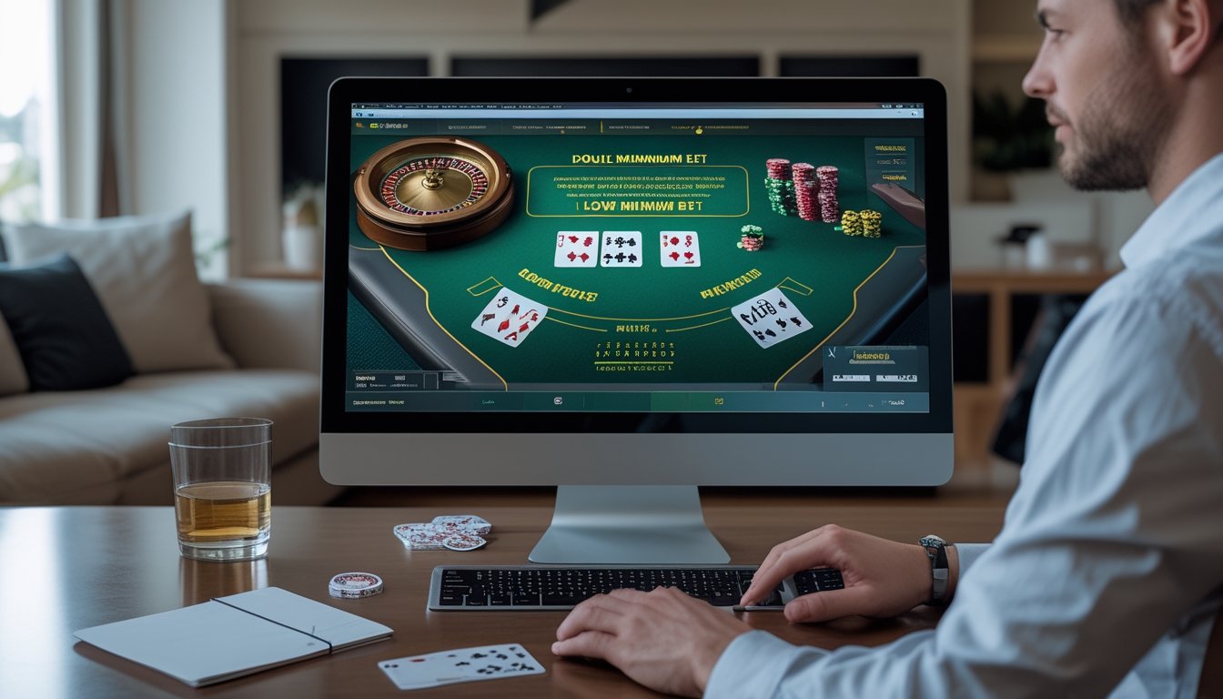 Seseorang memainkan blackjack online dengan kartu terbuka dan beberapa keping chip di depan komputer.