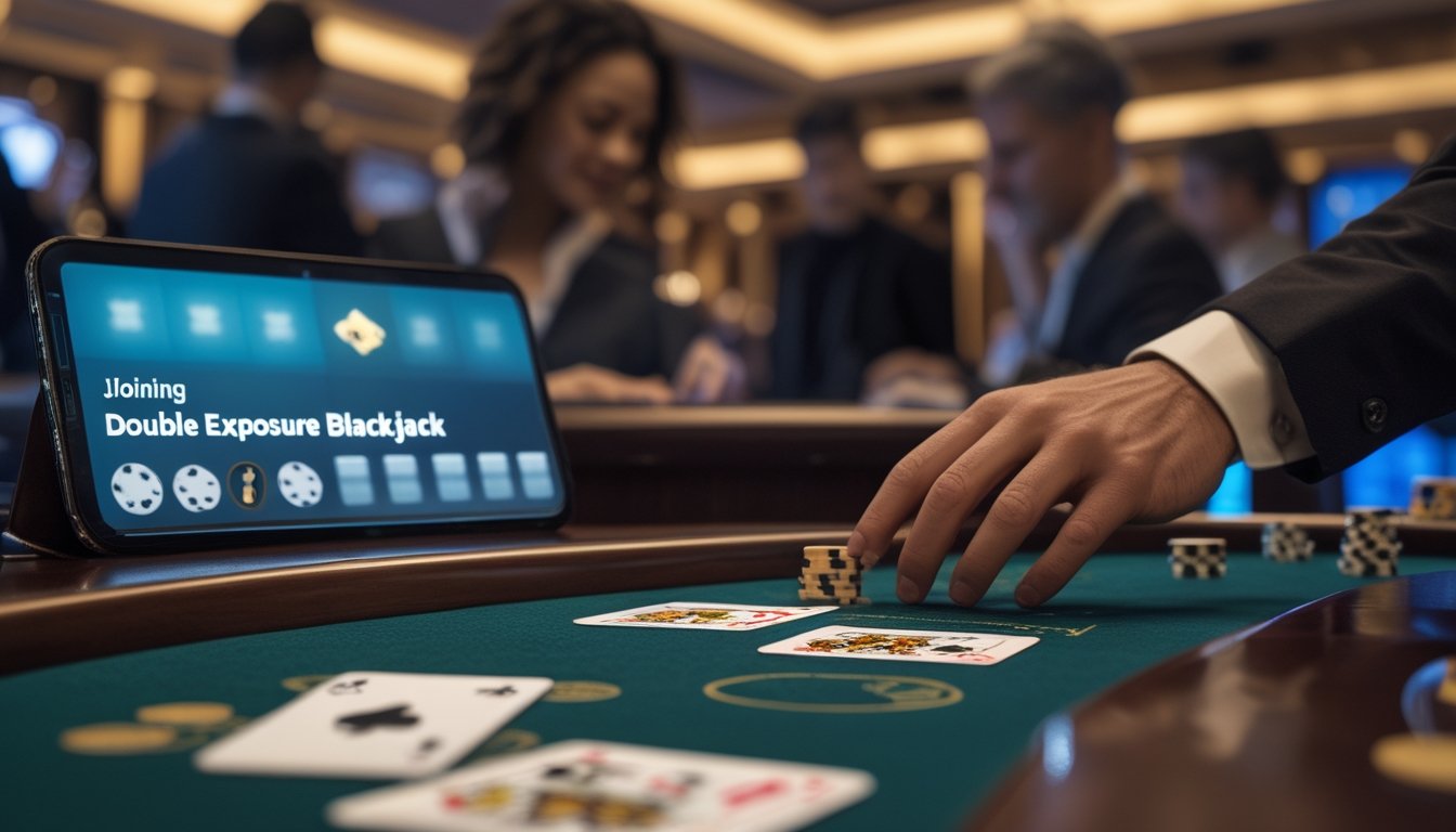 Meja Double Exposure Blackjack dengan kartu terbuka, chip kasino, dan suasana permainan modern yang elegan.