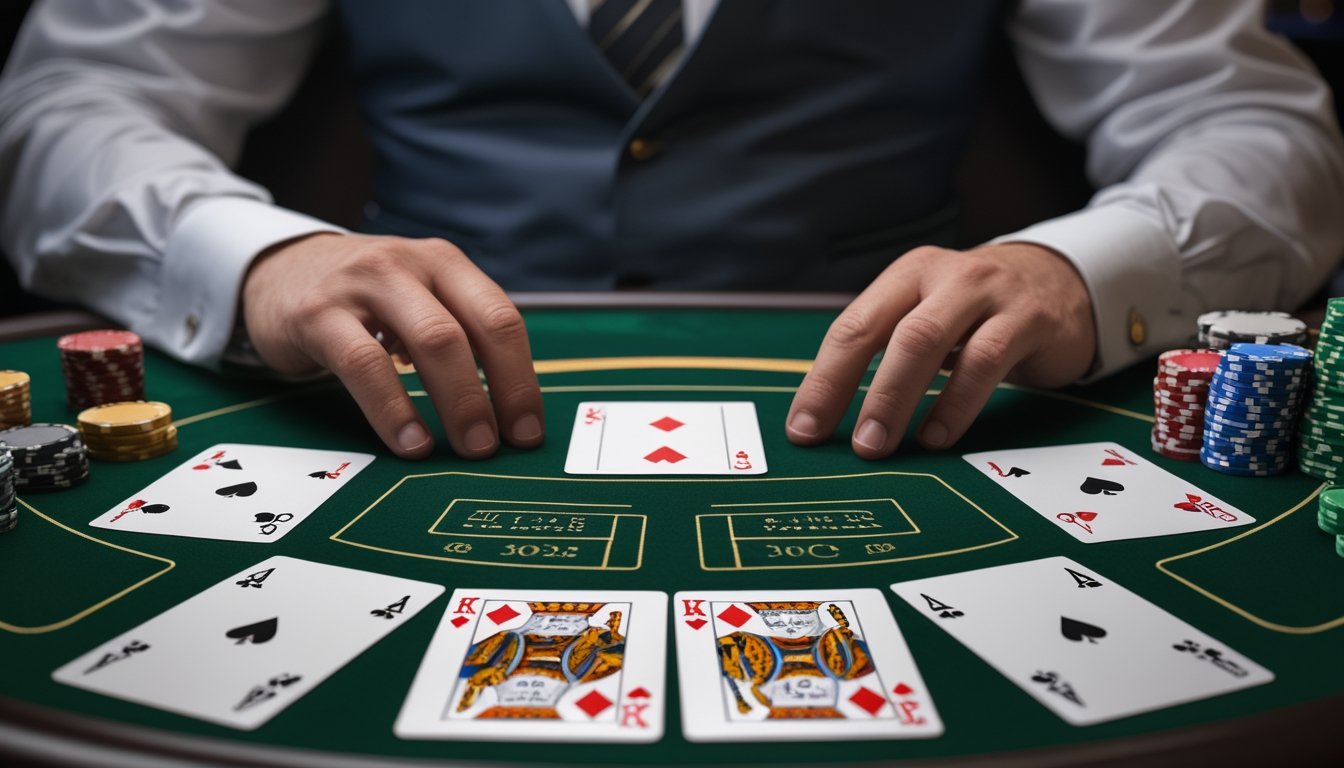 Meja blackjack dengan kartu terbuka, keping taruhan, dealer, dan perangkat digital di lingkungan kasino modern.