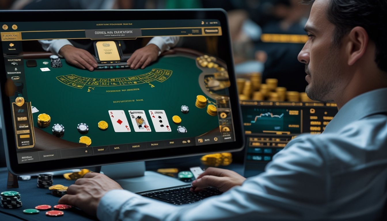 Seorang pemain dewasa menganalisis meja blackjack online dengan kartu dan chip yang tertata rapi.