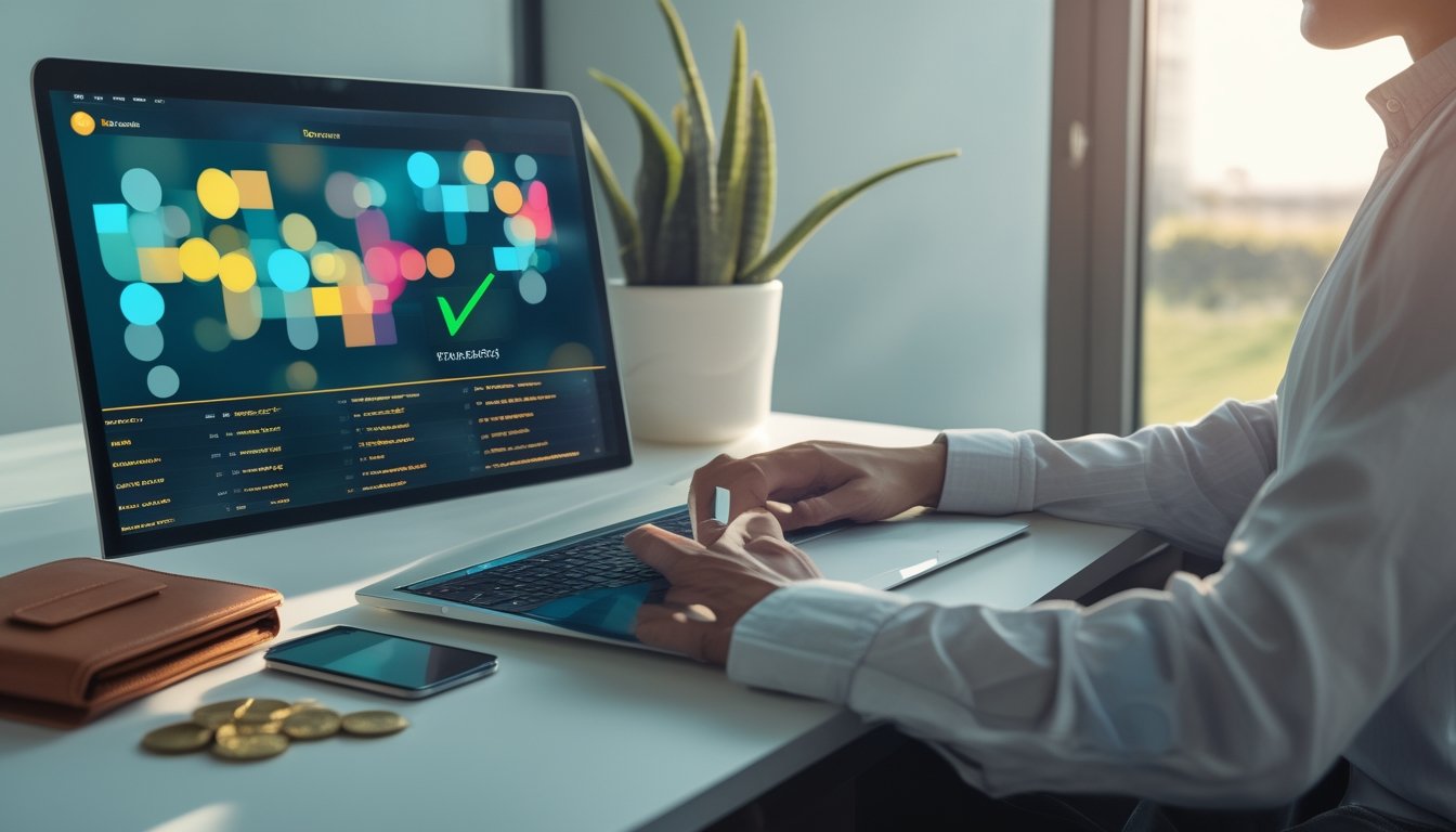 Seseorang meninjau pilihan platform digital di meja kerja dengan laptop, ponsel, dan sejumlah kecil koin.