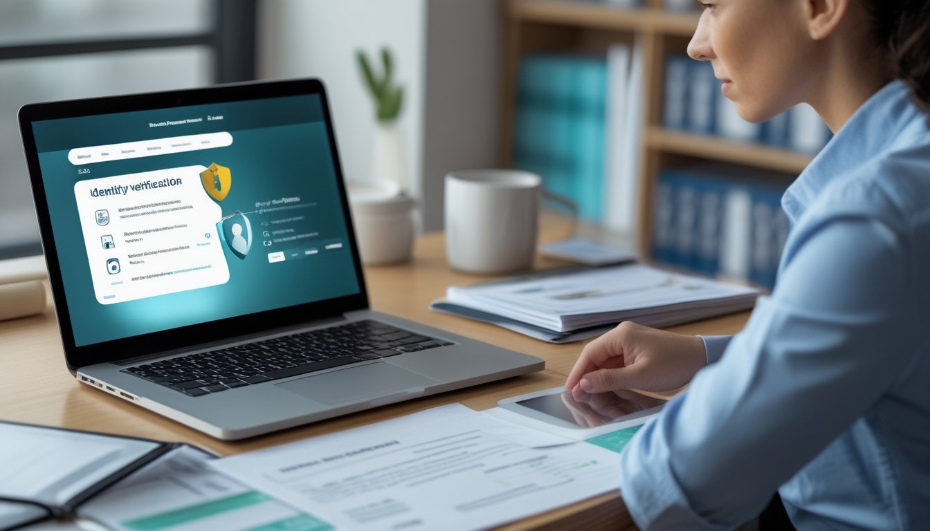 Seorang profesional memeriksa keamanan situs digital menggunakan laptop, dokumen, dan simbol gembok.