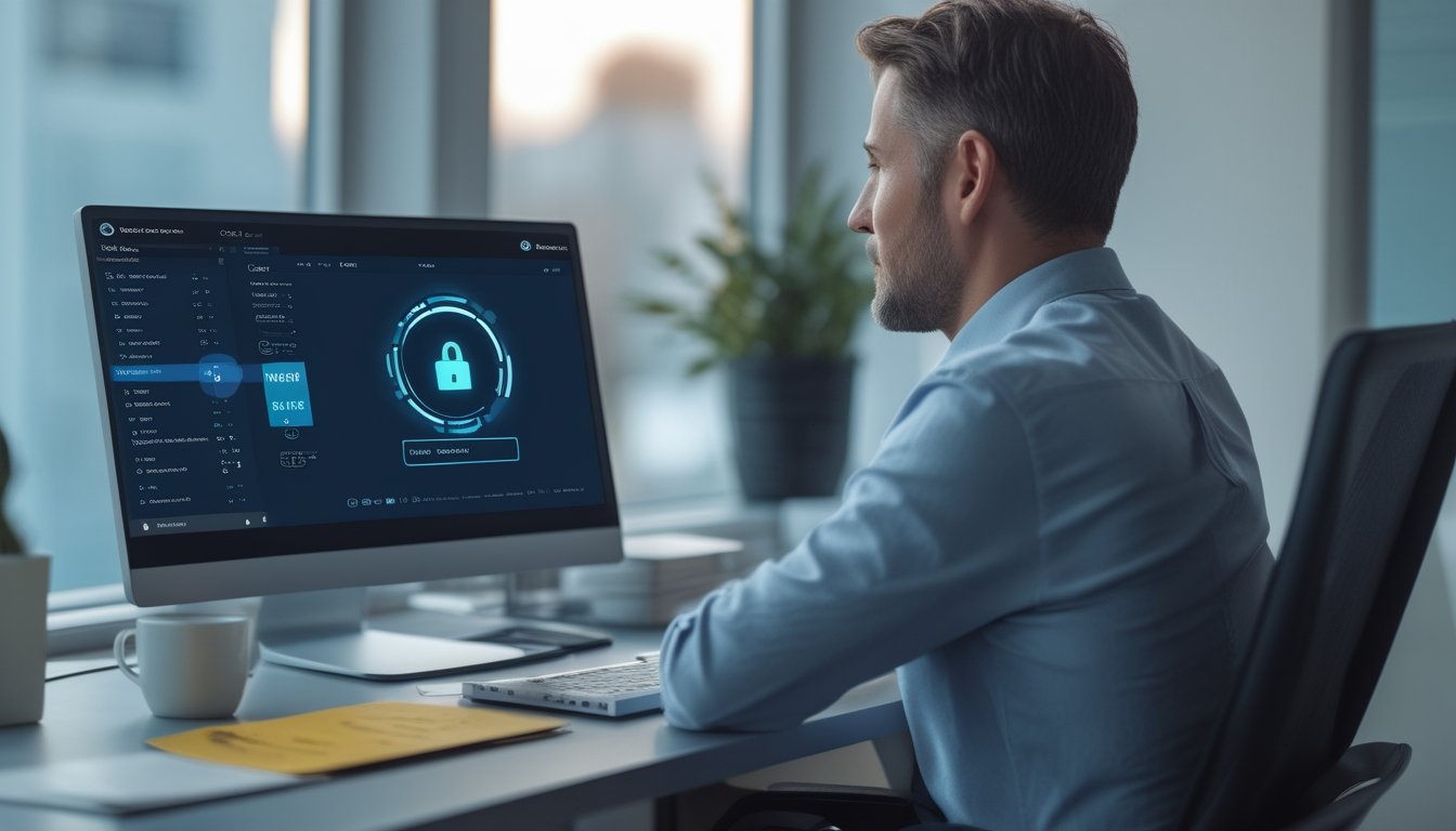 Orang dewasa memeriksa akun taruhan online di laptop dengan simbol verifikasi usia, keamanan, dan peringatan risiko di meja kerja.