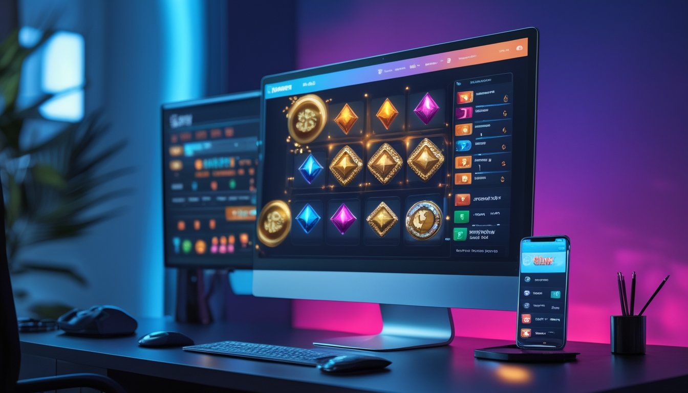 Monitor dan ponsel menampilkan antarmuka permainan slot digital dengan elemen bonus berputar di meja modern.