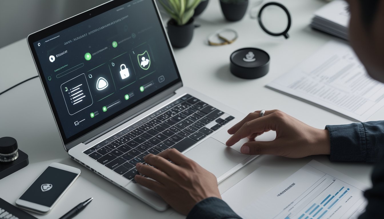 Seorang profesional memeriksa kredibilitas platform daring menggunakan laptop, simbol keamanan, dan dokumen kosong.