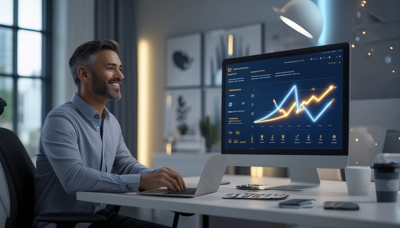 Orang dewasa tersenyum melihat dasbor digital dengan grafik kinerja yang meningkat di ruang kerja modern.