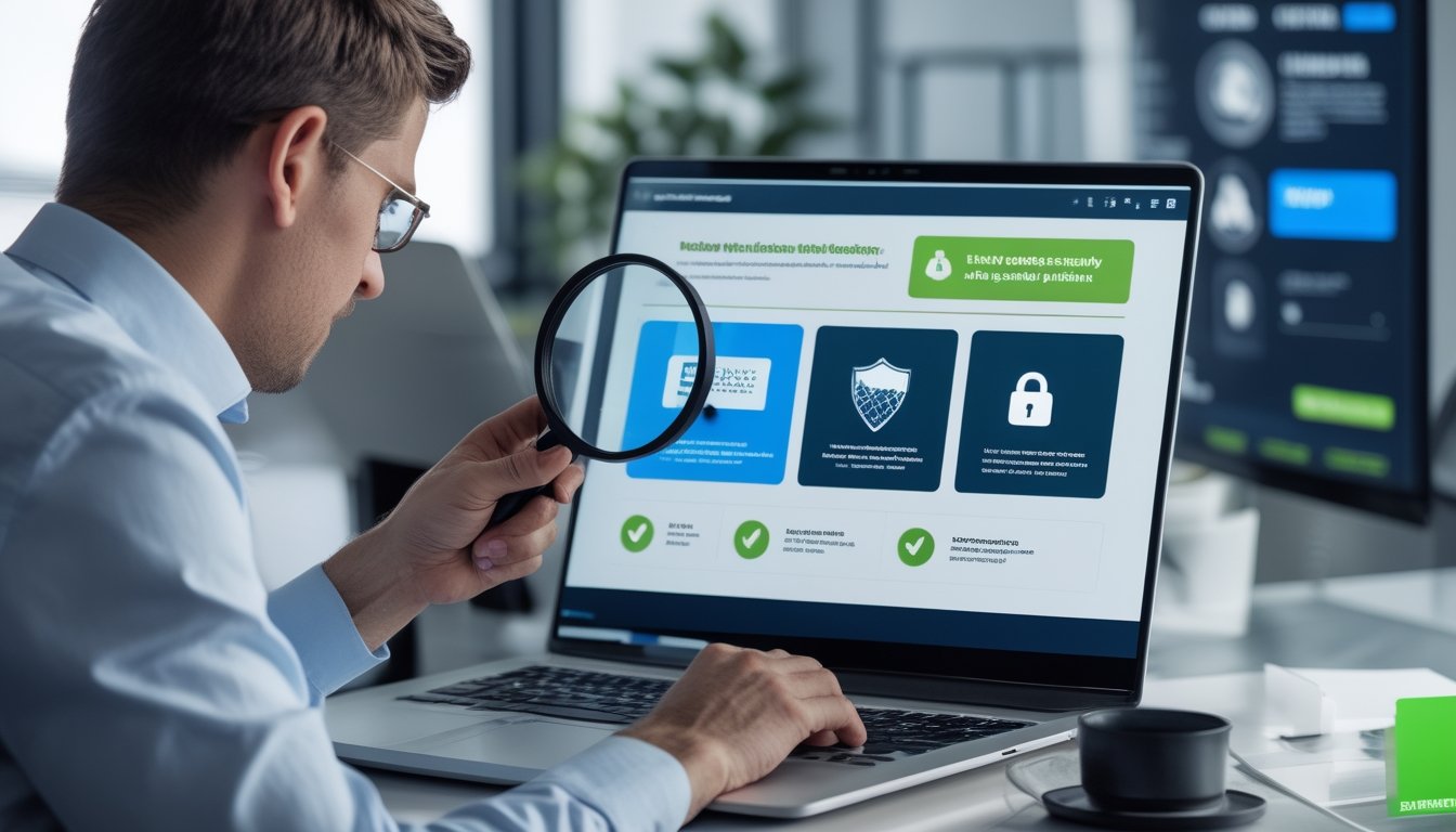 Seorang profesional memeriksa keamanan dan legalitas sebuah platform online di laptop dengan simbol gembok dan perisai.