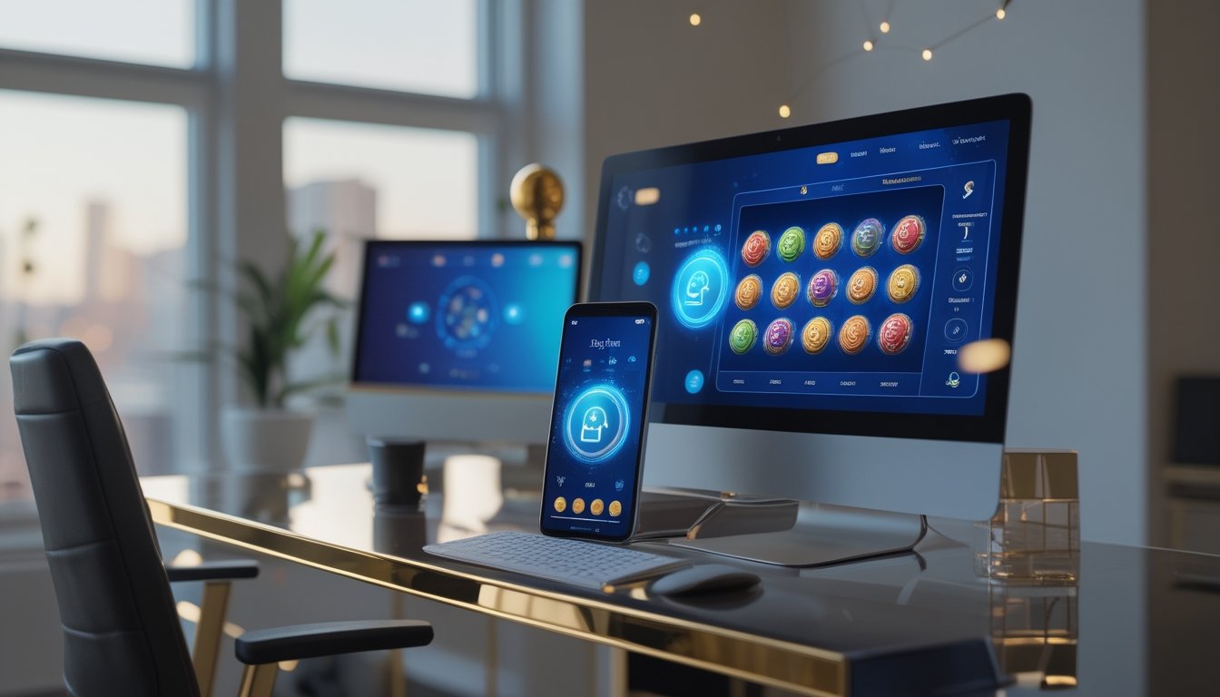 Monitor dan ponsel menampilkan antarmuka permainan slot abstrak dengan simbol perisai dan gembok di meja kerja modern.