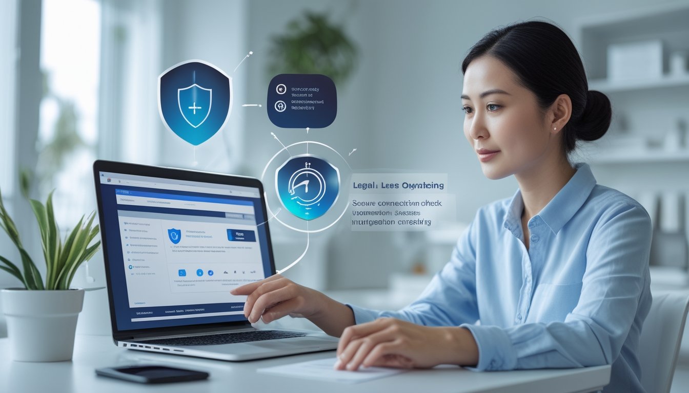 Seseorang memeriksa keamanan dan kredibilitas platform daring menggunakan laptop di ruang kerja.