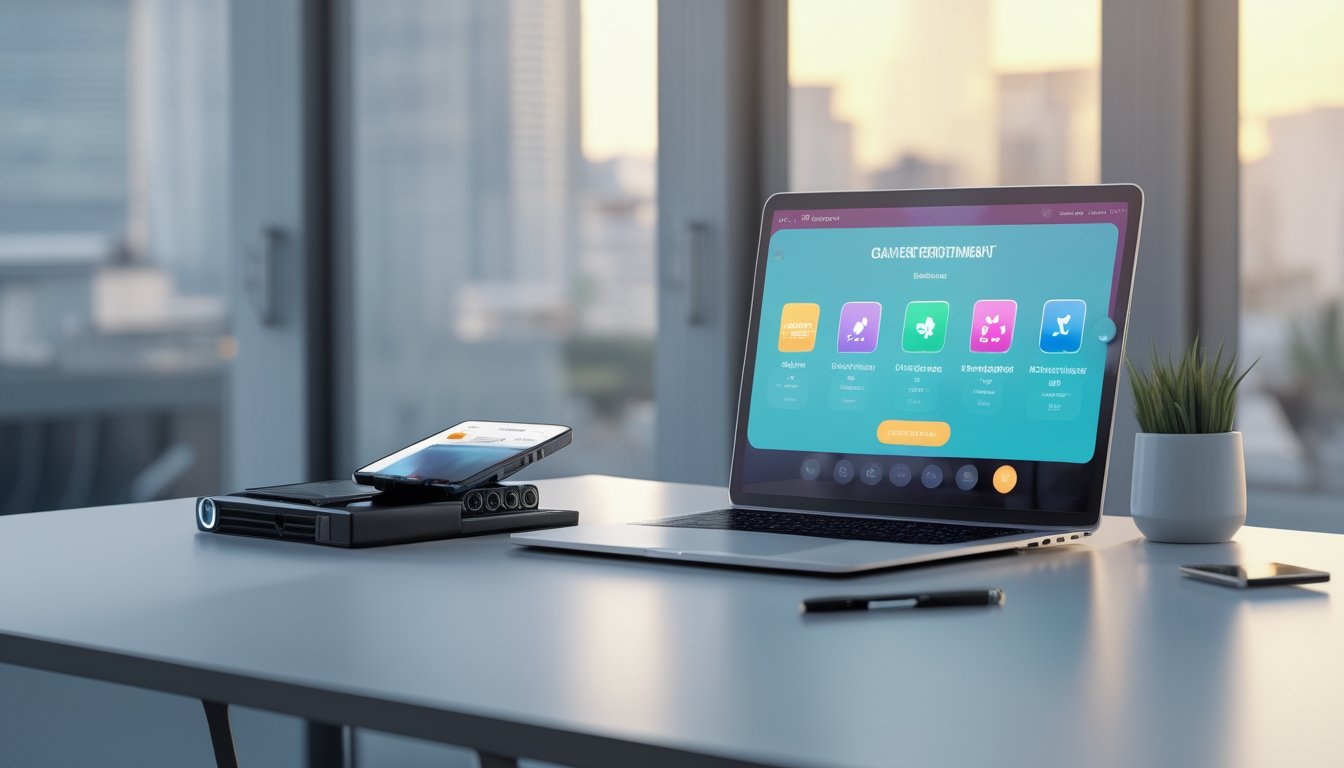 Smartphone dan laptop menampilkan antarmuka hiburan digital abstrak di samping kartu bank dan simbol pembayaran aman.