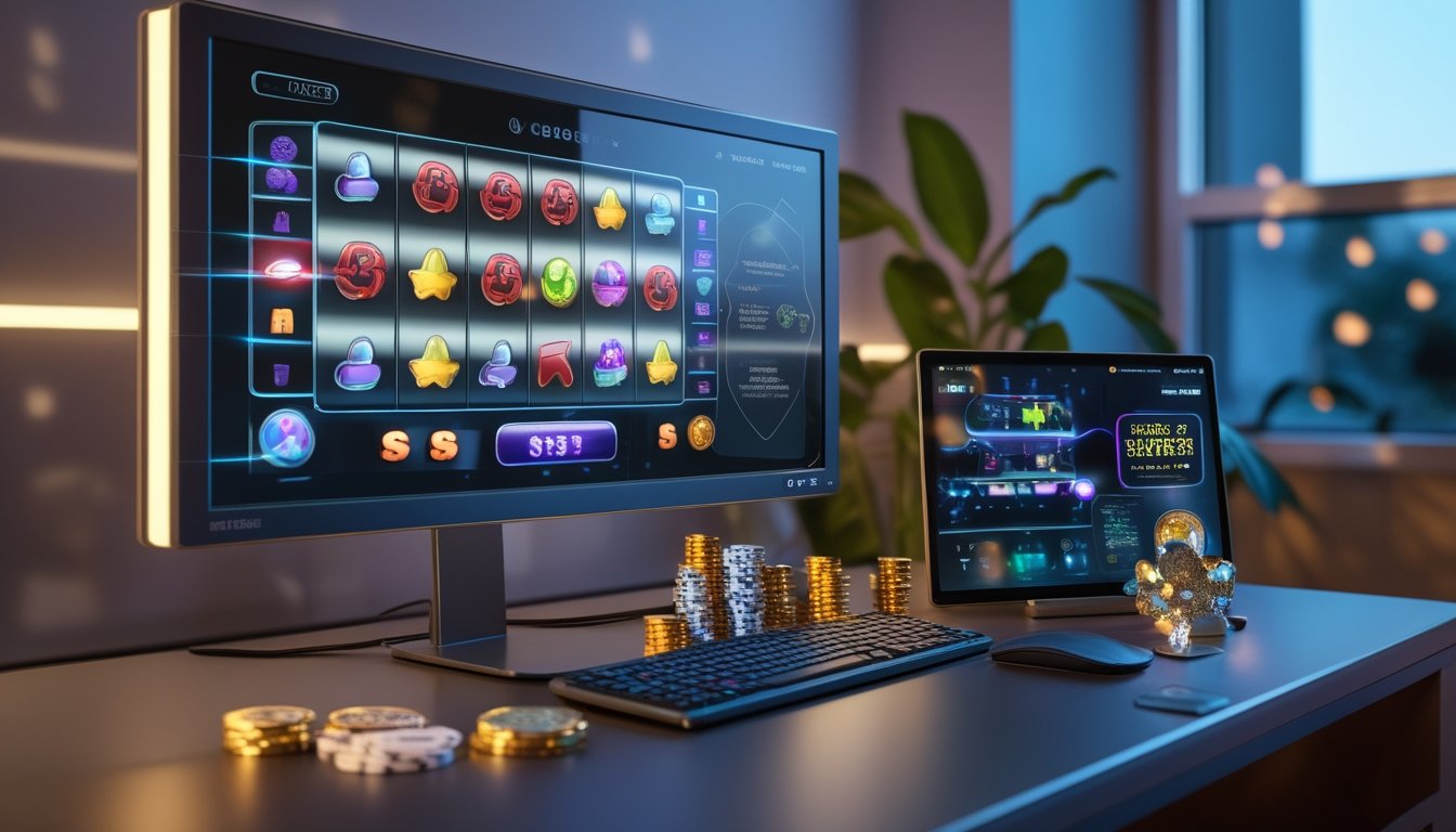 Meja modern dengan monitor dan ponsel yang menampilkan permainan mesin slot abstrak, ditemani keping permainan dan koin.