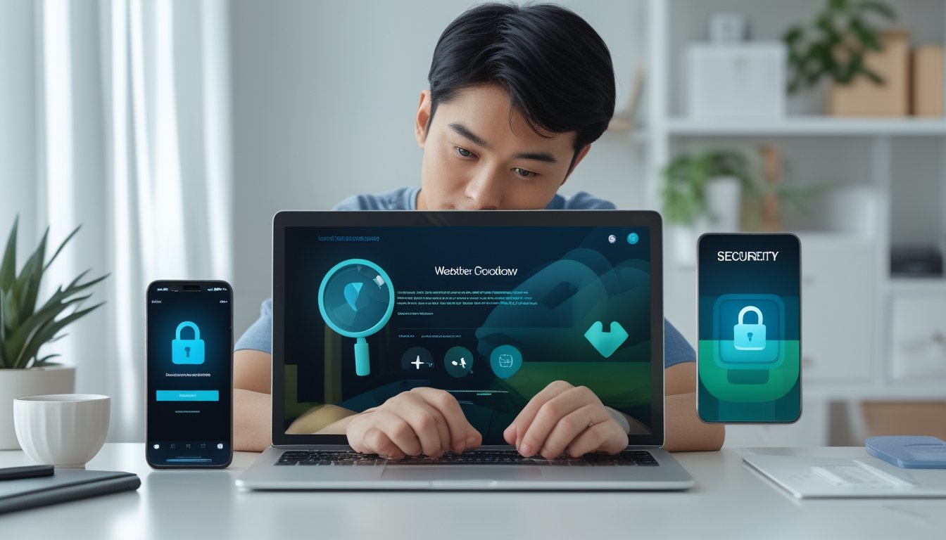 Seseorang memeriksa keamanan platform digital di laptop dengan simbol perisai, gembok, dan daftar verifikasi.