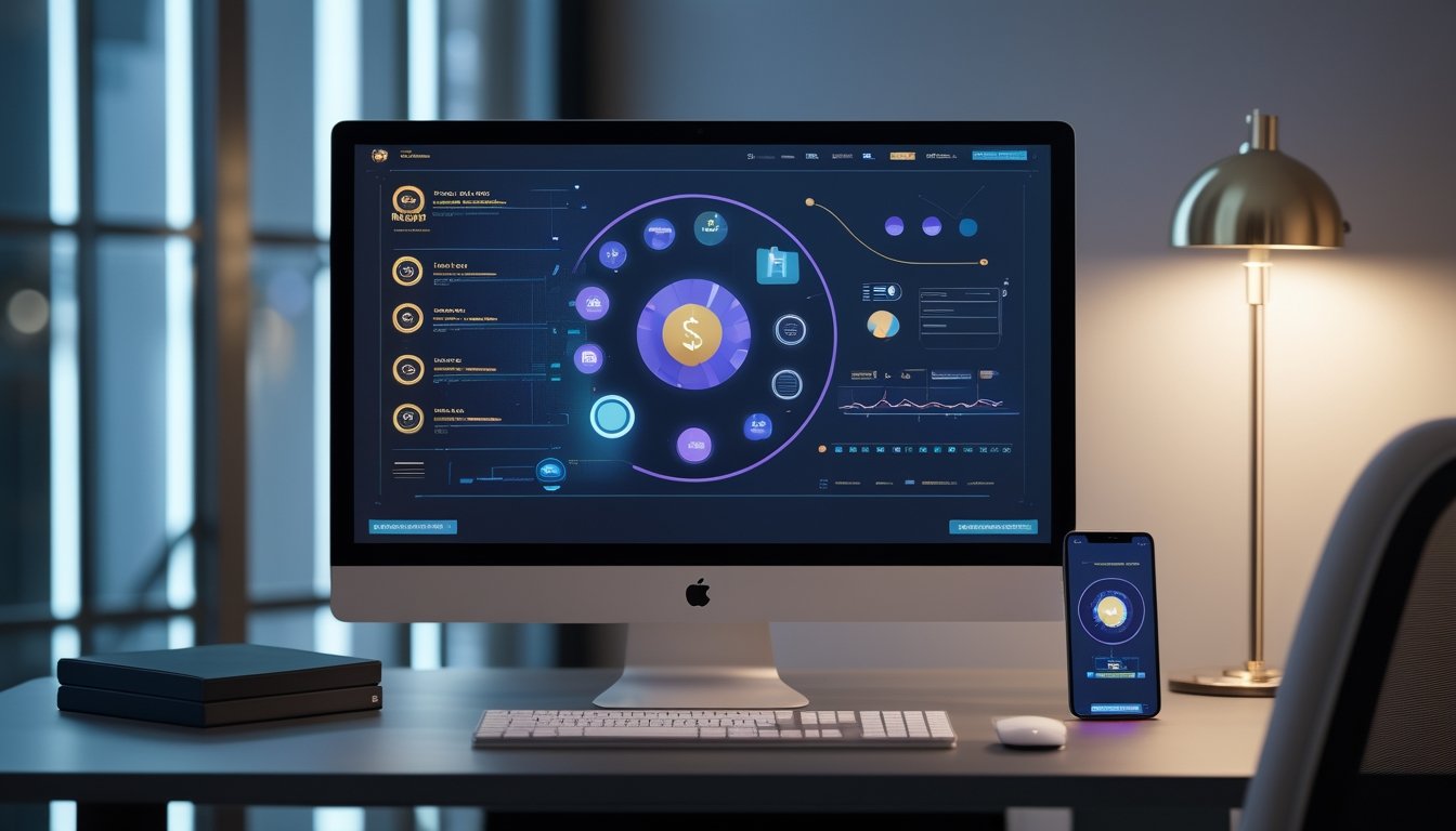 Meja kerja modern dengan monitor dan ponsel yang menampilkan antarmuka digital abstrak berwarna-warni.