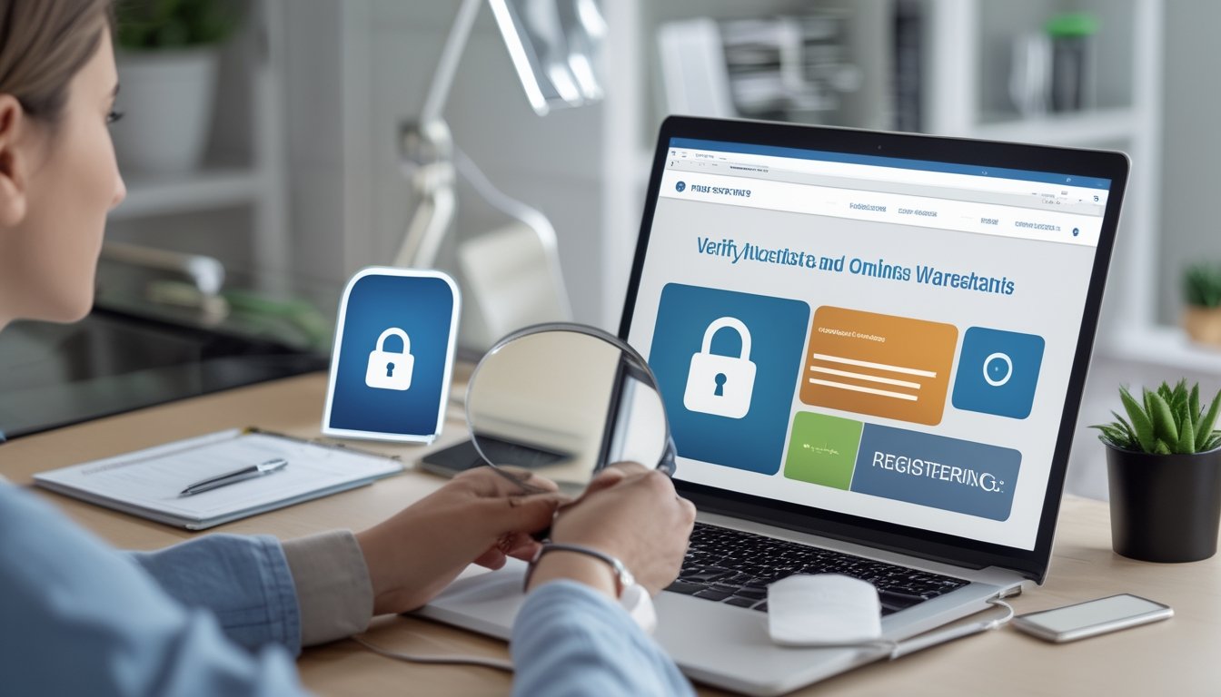 Seseorang memeriksa keamanan sebuah situs web di laptop dengan bantuan simbol gembok, perisai, dan kaca pembesar.